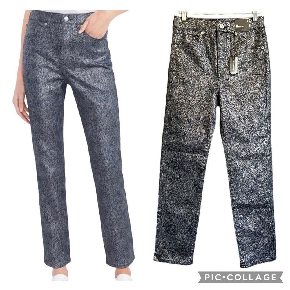 Express Slim Super High Rise Jacquard Silver Metallic Blue Jeans